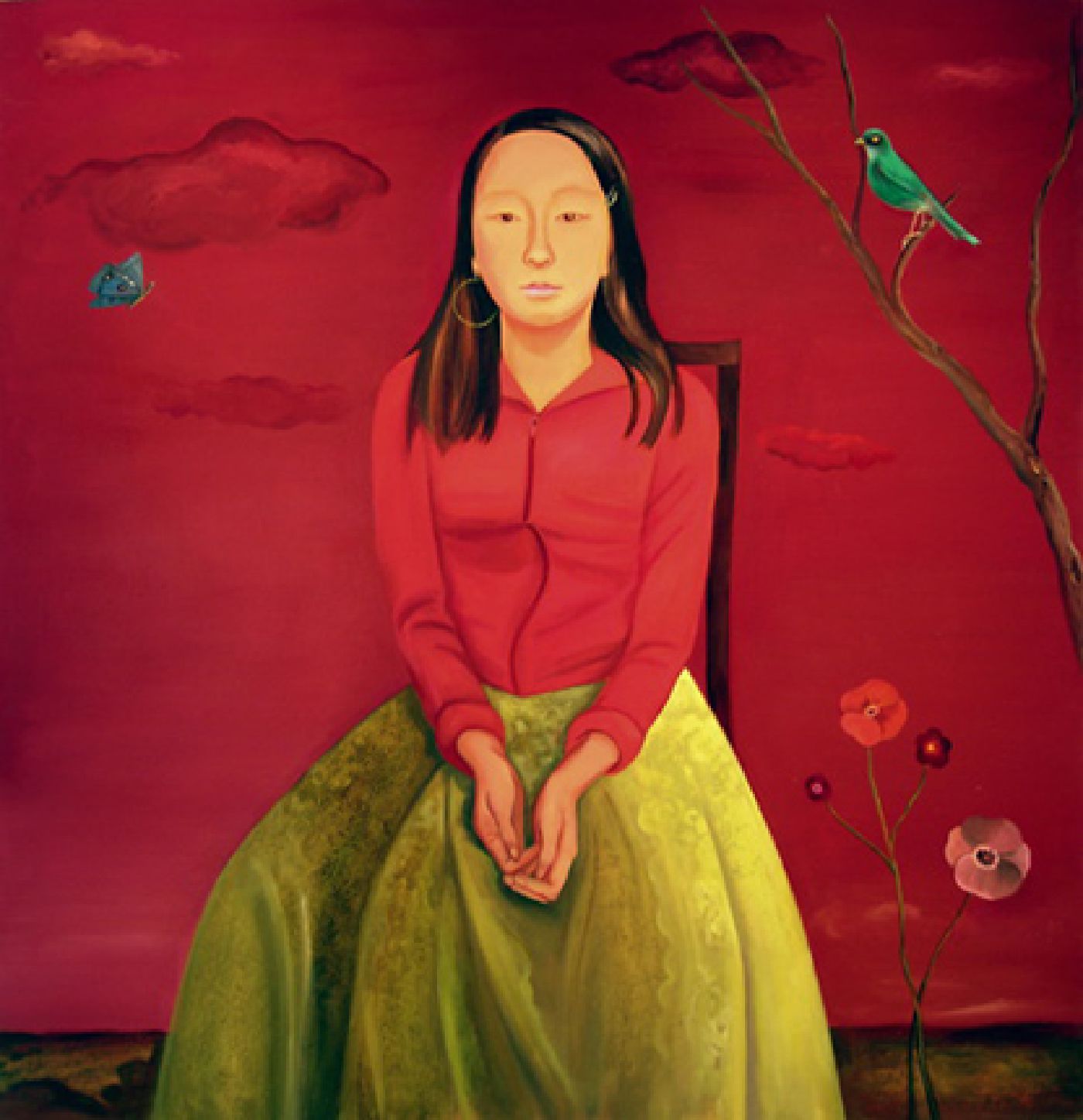In a Colorful World (Girl with Red Sky and Green Skirt) - oil on canvas, 52 inches x 50 inches, 2009